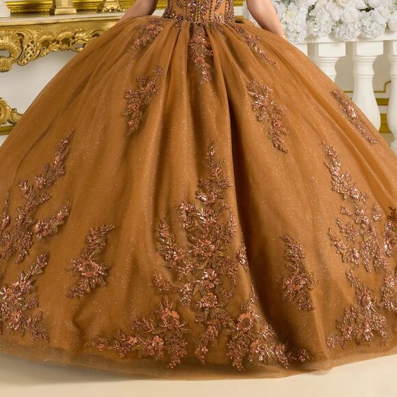 New Brown Beaded Quinceanera Tulle Dress w/ Layered Skirt & Back Bow GL3811 - Picture 9 of 15